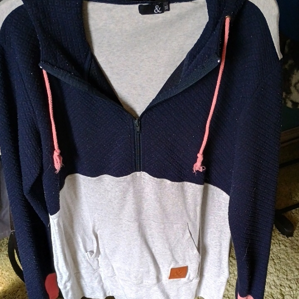 CO Navy and Light Gray Colorblock Zip Hoodie with Pink Drawstrings